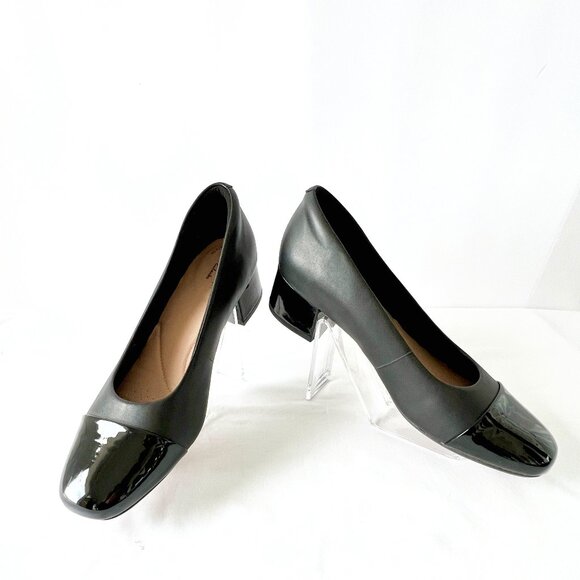 Clarks Collection 'Marilyn Sara' Black Leather Block Heels, Cap Toe, Size 9 EC! - Picture 2 of 13